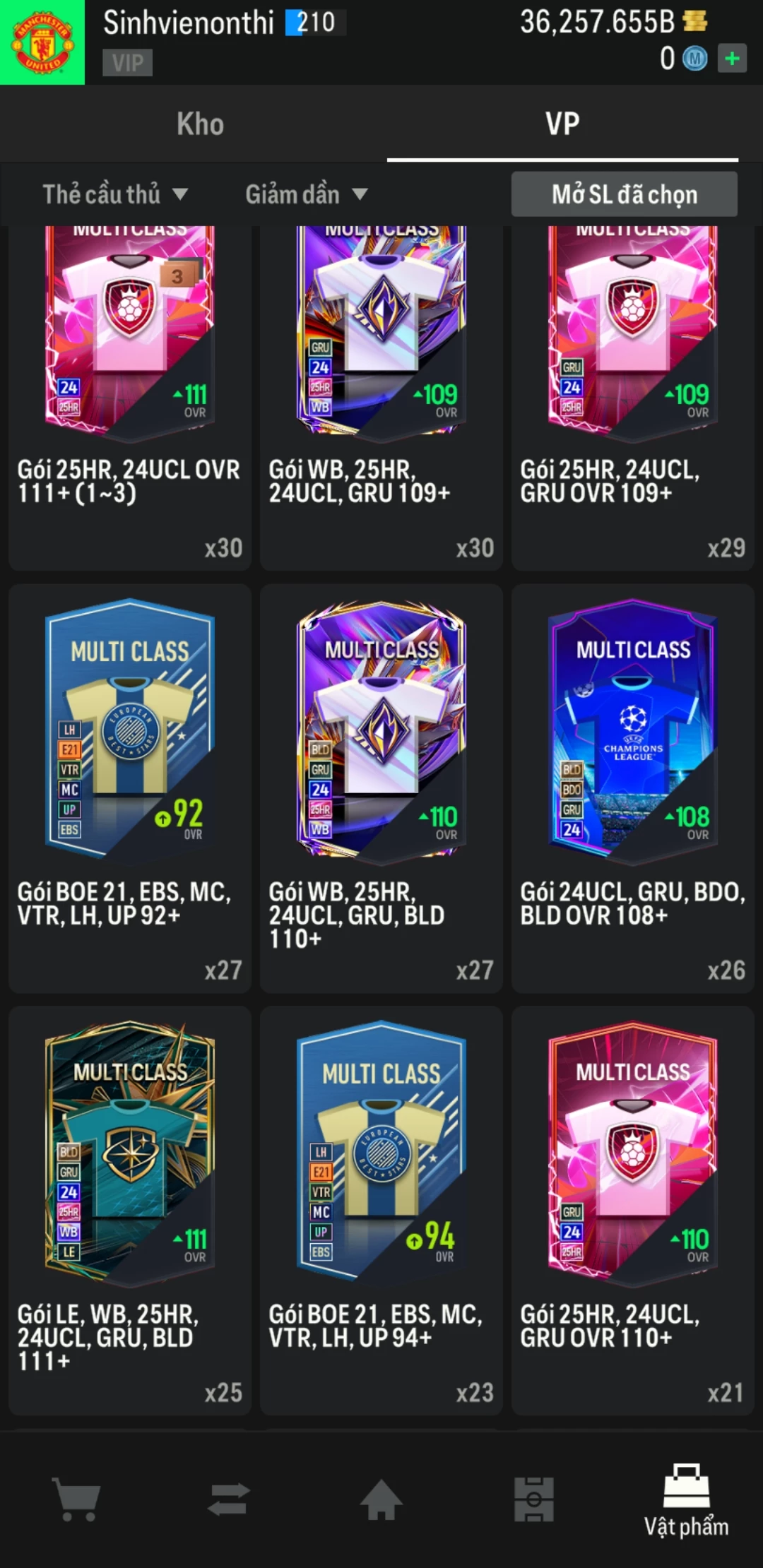 Ảnh ACC mở thẻ (LOẠI SVIP) gồm 1500+ đến 1800+ thẻ cầu thủ từ Siêu sao đến Miền núi các loại. Có sẵn BP trắng từ 26.000 tỷ BP đến 36.000 tỷ BP